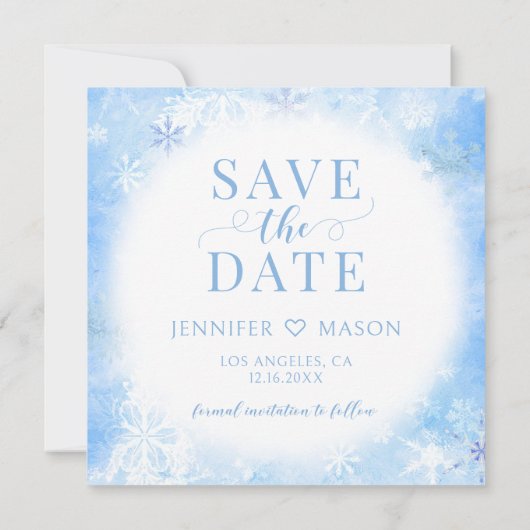 青い冬の雪の日の写真を保存 招待状 (裏面)