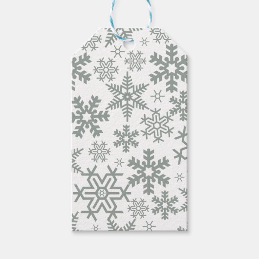 青い冬の雪片模様の白 ギフトタグ (正面)