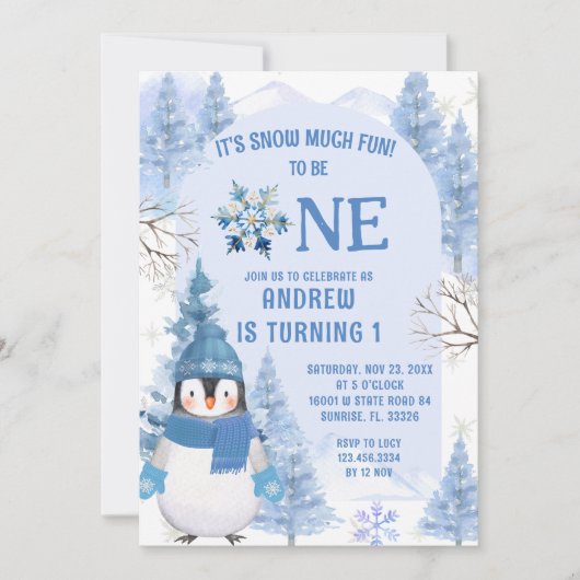 青い冬の雪 大いに楽しむ ファーストバースデー 招待状 (正面)