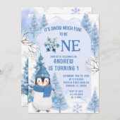 青い冬の雪 大いに楽しむ ファーストバースデー 招待状 (正面/裏面)