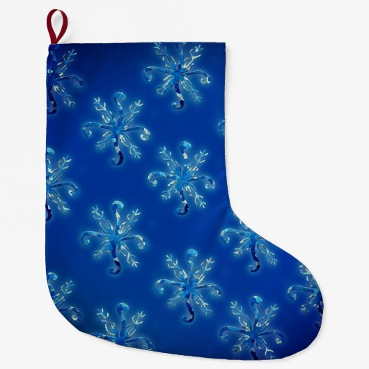 青い凍った雪の結晶 ラージクリスマスストッキング (正面)