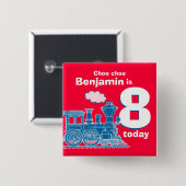 青い列車の誕生日の名前および年齢の赤は記章を付けます 缶バッジ (正面&裏面)