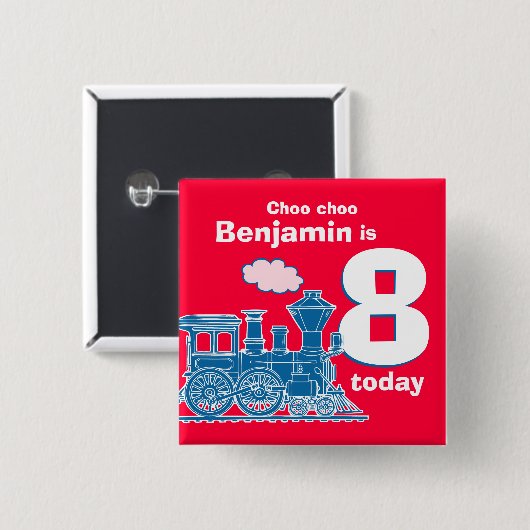 青い列車の誕生日の名前および年齢の赤は記章を付けます 缶バッジ (正面&裏面)