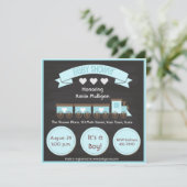 青い列車、黒板、男の子のベビーシャワー 招待状 (スタンド正面)