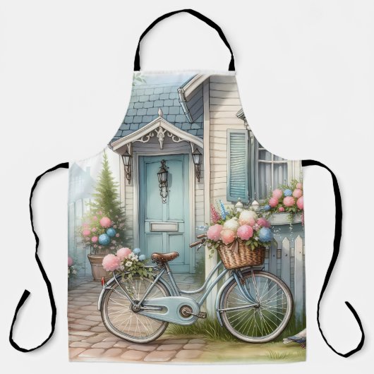 青い別荘の自転車と春の花かご エプロン (正面)