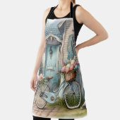 青い別荘の自転車と春の花かご エプロン (インサイチュ)