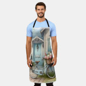 青い別荘の自転車と春の花かご エプロン (着用した状態)