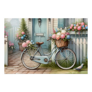 青い別荘の自転車と春の花かご ポスター