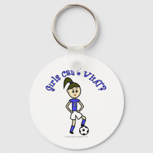 青い制服を着た軽い女性サッカー キーホルダー