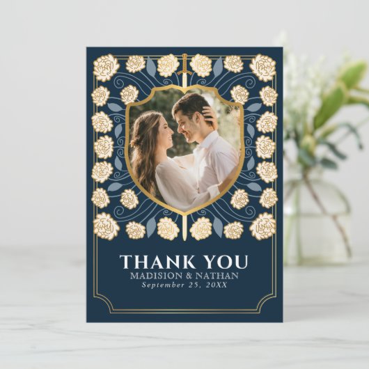 青い剣と盾のメディエーバル・ファンタジー・ウェディング サンキューカード (スタンド正面)