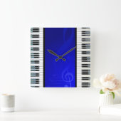青い効果の音符が付いているピアノ鍵 スクエア壁時計 (ホーム)