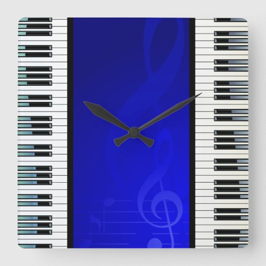 青い効果の音符が付いているピアノ鍵 スクエア壁時計 (正面)