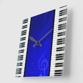 青い効果の音符が付いているピアノ鍵 スクエア壁時計 (傾斜)