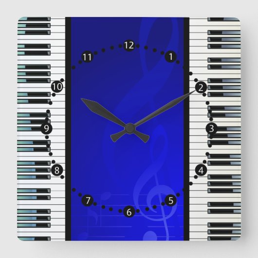 青い効果の音符が付いているピアノ鍵 スクエア壁時計 (正面)