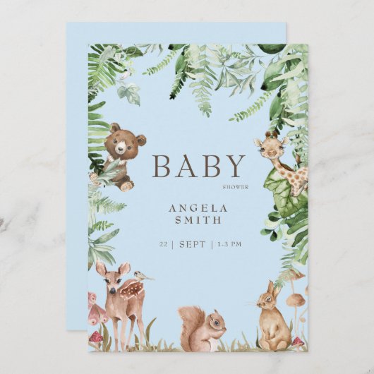 青い動物の赤ちゃんシャワー 招待状 (正面/裏面)