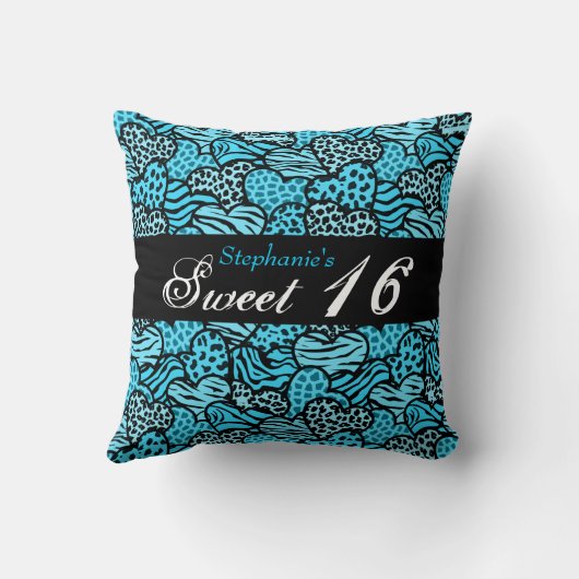 青い動物パターンハートSweet sixteen枕 クッション (裏面)