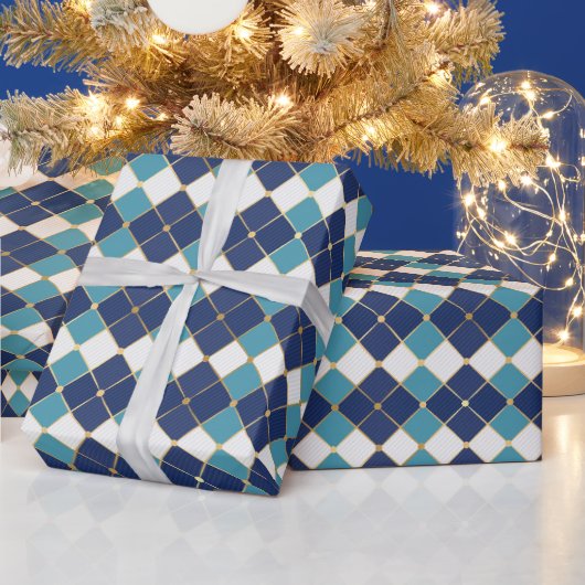 青い包装紙のハヌカのタイル ラッピングペーパー (クリスマス)