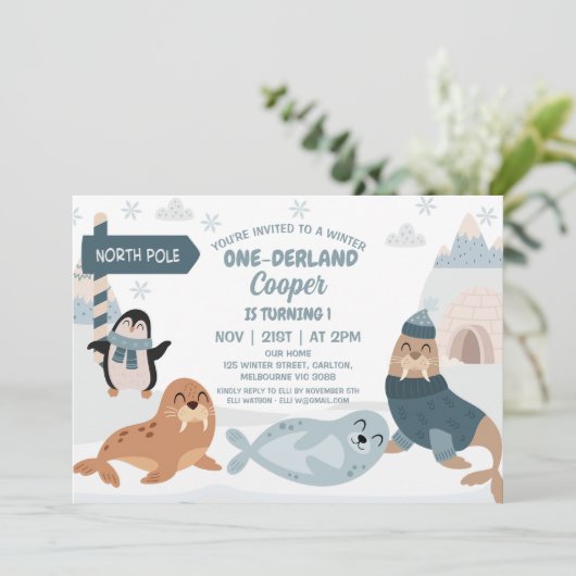 青い北極動物冬のオーネダーランド1歳の誕生日 招待状 (スタンド正面)