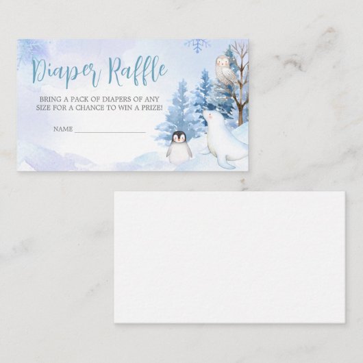 青い北極動物赤ちゃんシャワーおむつラッフル エンクロージャーカード (正面/裏面)