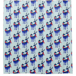 青い北欧クリスマストナカイのペアパターン シャワーカーテン