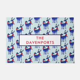 青い北欧クリスマストナカイのペアパターン ドアマット