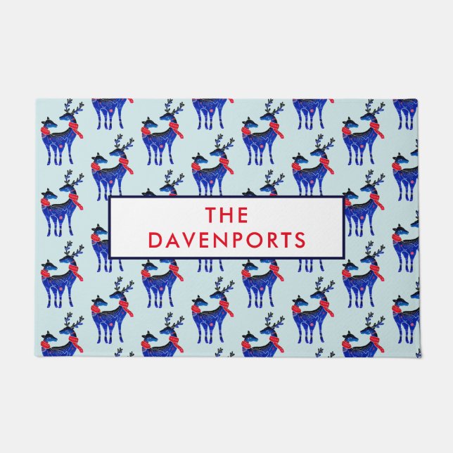 青い北欧クリスマストナカイのペアパターン ドアマット (正面)