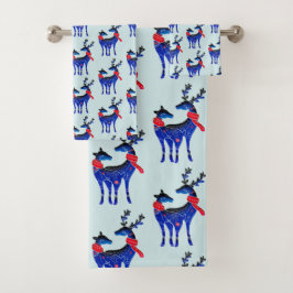 青い北欧クリスマストナカイのペアパターン バスタオルセット