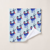 青い北欧クリスマストナカイのペアパターン バスタオルセット (ウォッシュタオル)