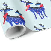 青い北欧クリスマストナカイのペアパターン ラッピングペーパー (ロールコーナー)