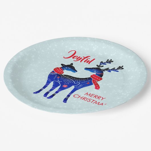 青い北欧クリスマストナカイ ペーパープレート (アングル)