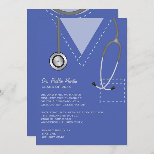 青い医学の卒業の招待状をごしごし洗います 招待状 (正面/裏面)