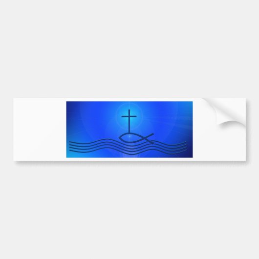 青い十字および魚(Ichthus) バンパーステッカー (正面)