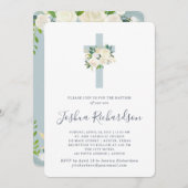 青い十字と白い花|少年バプテスマ 招待状 (正面/裏面)