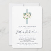 青い十字と白い花 | 男の子 洗礼 招待状 (正面)