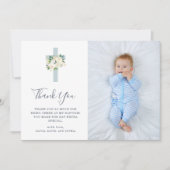 青い十字と白い花 | Photo Boy Baptism サンキューカード (正面)