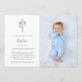 青い十字と白い花 | Photo Boy Baptism 招待状