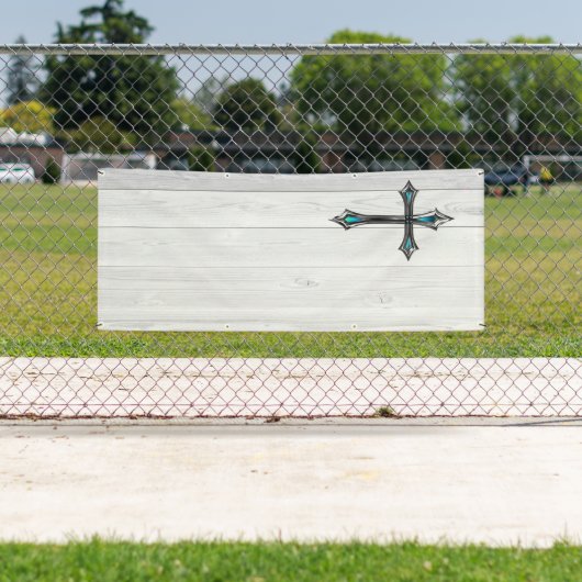 青い十字の白い板のブランク教会 横断幕 (インサイチュ)
