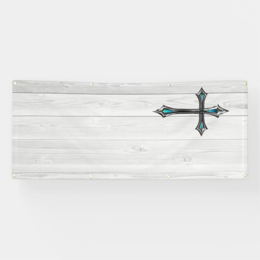 青い十字の白い板のブランク教会 横断幕 (横)