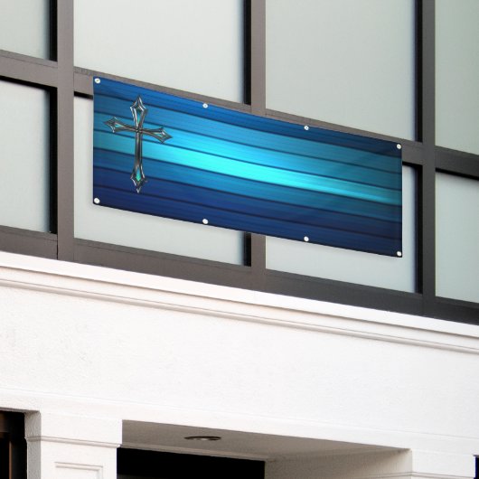 青い十字の青い板の長く空白のな教会 横断幕 (ビルの外側)