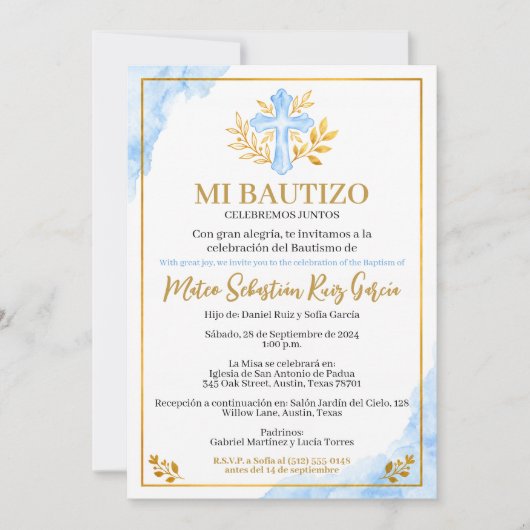 青い十字架のミ・バウティゾ(Mi Bautizo)洗礼式の招待状 招待状 (正面)