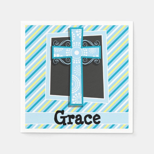 青い十字、青と黄色のストライプ スタンダードカクテルナプキン (正面)