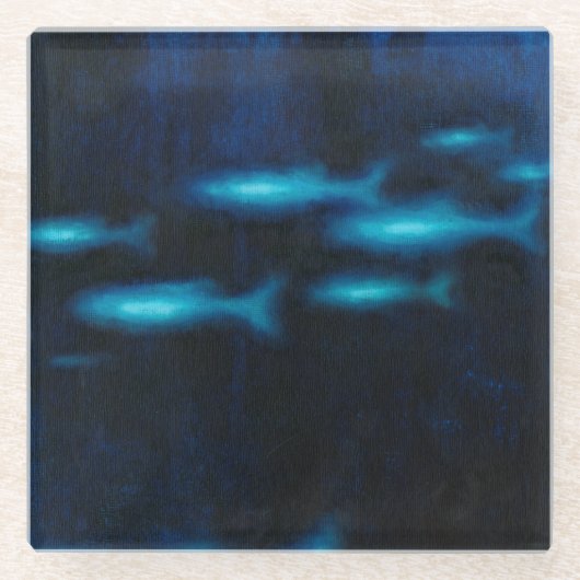 青い半透明の魚のシルエット ガラスコースター (正面)