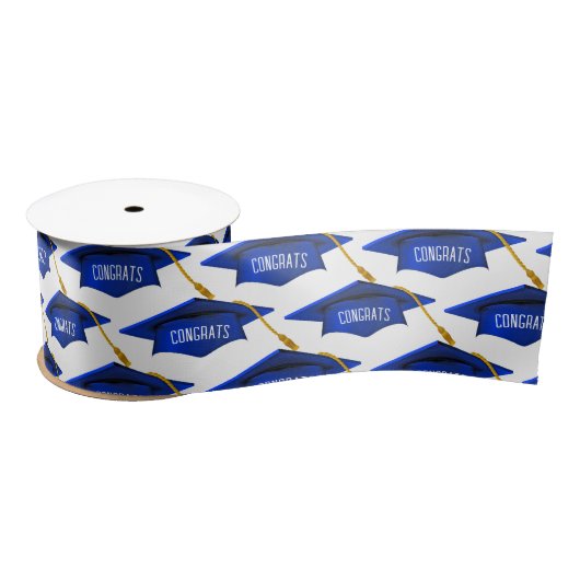 青い卒業キャップとおめでとう文字 サテンリボン (リール)