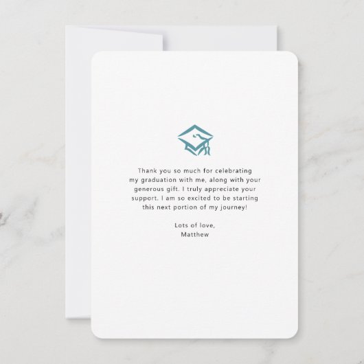 青い卒業写真のアーはっきりしたチスクリプトモダン サンキューカード (裏面)