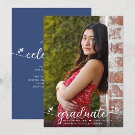 青い卒業写真の書道ハート モダン 案内状