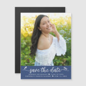 青い卒業写真救日付スクリプトハートはっきりした マグネット招待状 (正面/裏面)