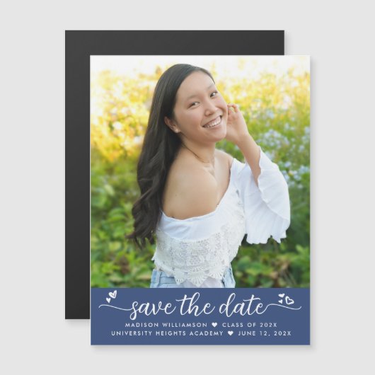 青い卒業写真救日付スクリプトハートはっきりした マグネット招待状 (正面/裏面)