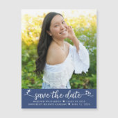 青い卒業写真救日付スクリプトハートはっきりした マグネット招待状 (正面)