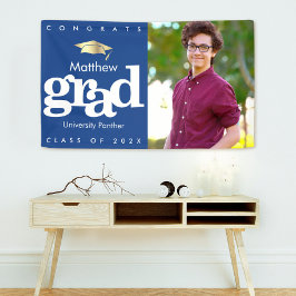 青い卒業写真金ゴールドキャップはっきりしたモダンシンプル 横断幕