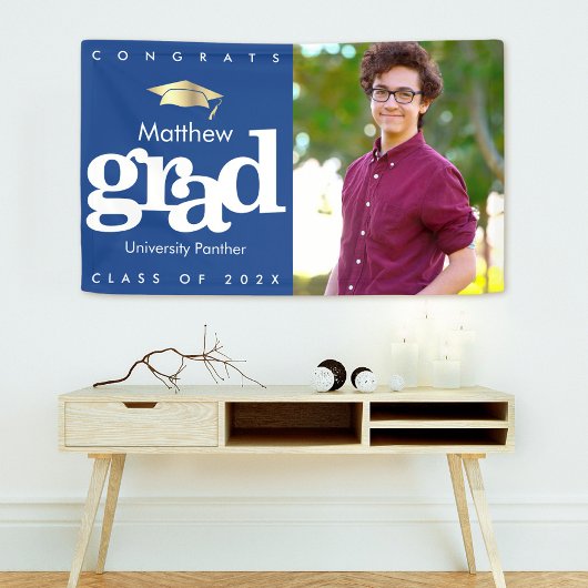 青い卒業写真金ゴールドキャップはっきりしたモダンシンプル 横断幕